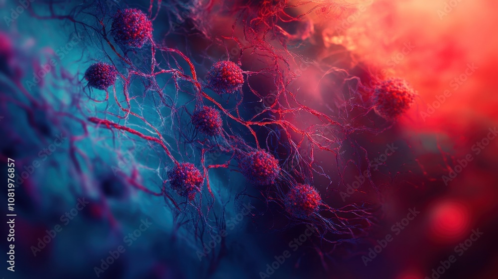 Poster abstract representation of cellular structures with colorful molecular connections demonstrating bio
