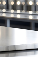 Steel table in factory, Steel counter top on blur of white clean abstract factory interior with bokeh. used for display or montage your steel for working background. table banner