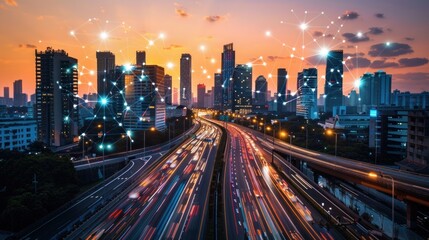 Obraz premium A cityscape at dusk with a network of glowing lines connecting the buildings, symbolizing global connectivity and progress.