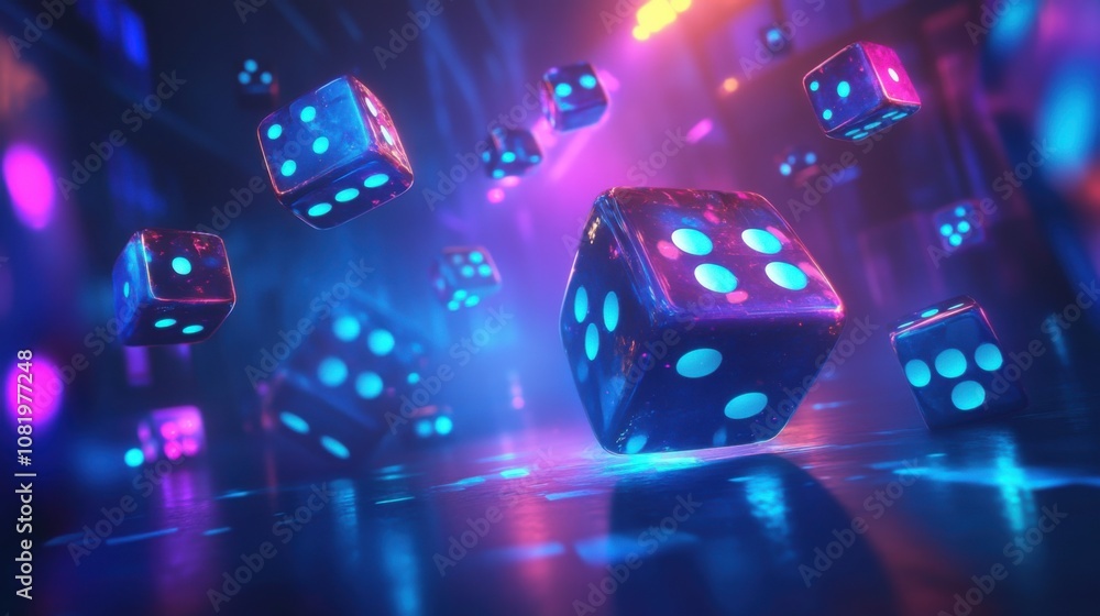 Poster colorful neon dice floating in a vibrant gaming atmosphere with glowing lights, creating a captivati