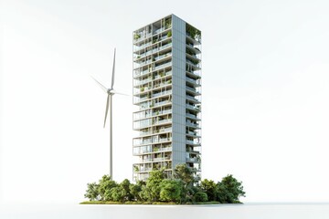 Green apartment building with a wind turbine.