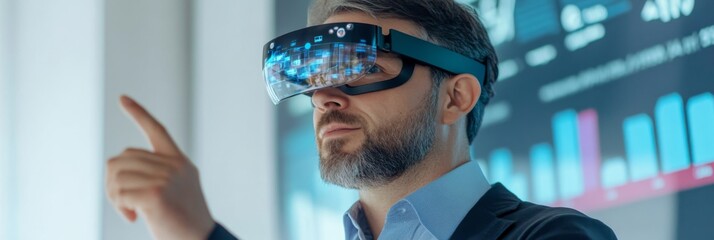 Businessman Using Virtual Reality Headset for Data Analysis