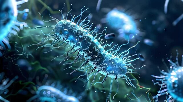 Microscopic view of bacteria, highlighted with glowing elements to show structures like flagella and cell membranes.