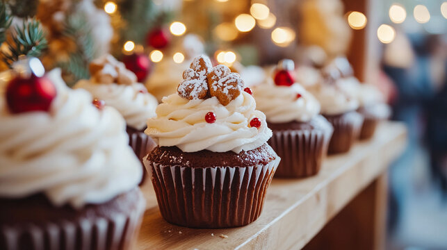 Beautiful cupcakes with cream and decorations on a shelf in a cafe