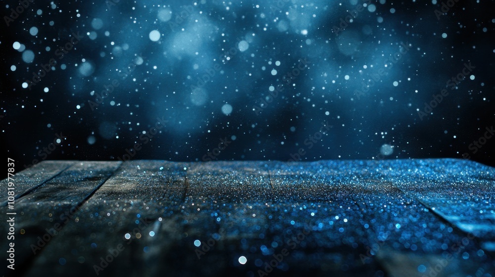 Poster sparkling blue bokeh effect over a dark background with shimmering particles falling on a wooden sur