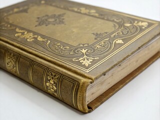 Fototapeta premium Vintage Book with Worn Cover and Gold Embossing on a White Background – Timeless Literary Elegance for Book Lovers and Collectors