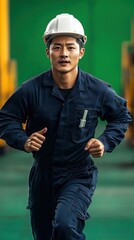 Fototapeta premium Asian male construction worker running in safety gear, focused and determined.
