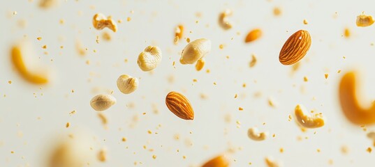 Assortment of Mixed Nuts Dynamically Floating on a White Background, Healthy Snacking Concept