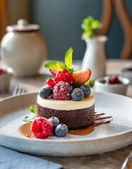 Elegant Dessert Presentation of Vegan Chocolate Cake With Fresh Berries and a Coconut Cream Topping, Served in a Fine Dining Restaurant for a Luxurious Sweet Treat