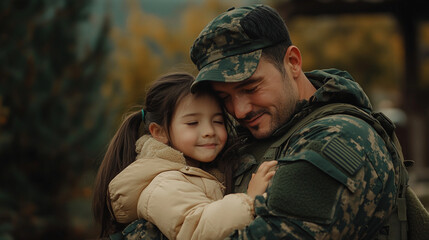 Fototapeta premium Military Father Embracing His Daughter in Warm, Emotional Reunion Outdoors