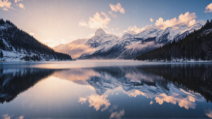 A serene lake reflects snow-capped mountains and a vibrant sunrise sky, surrounded by dense pine forests, creating a tranquil and picturesque landscape.