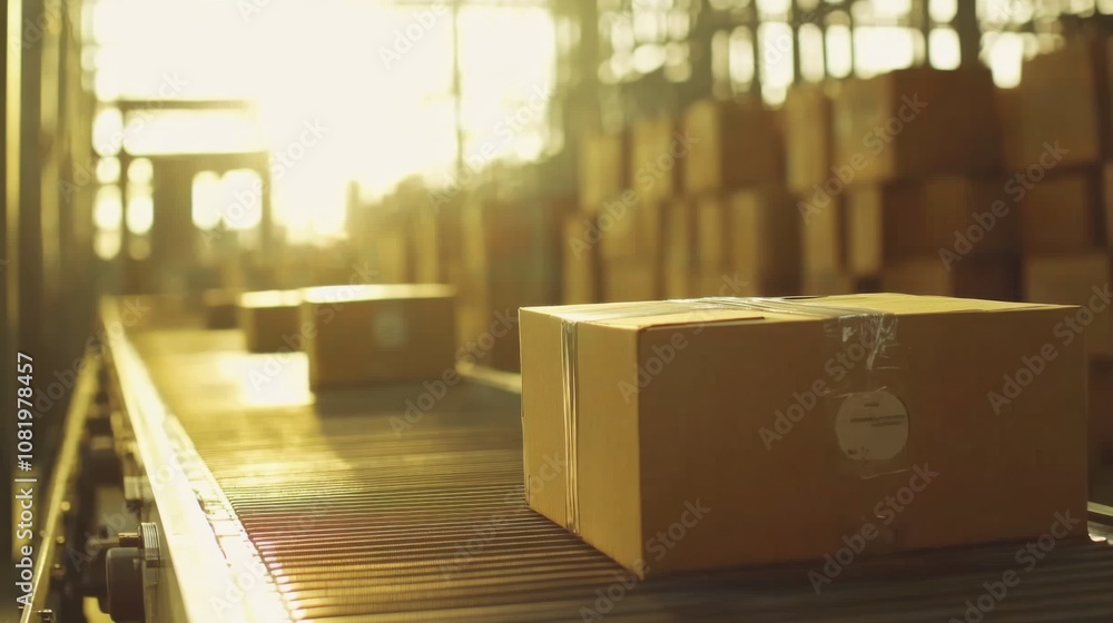 Poster packages moving on conveyor belt in warehouse environment with warm light creating a dynamic and pro