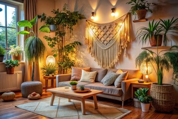 Cozy Bohemian Living Room with Macrame Wall Hanging - A Warm and Inviting Space Filled with Natural Light, Textured Fabrics, and Earthy Tones for a Relaxed Vibe