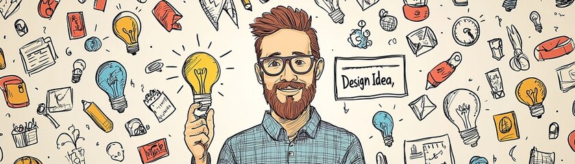 A creative illustration of a man holding a lightbulb, surrounded by various icons symbolizing innovation, ideas, and brainstorming.