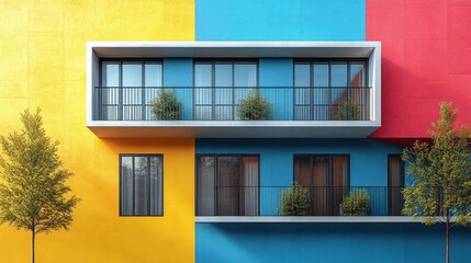 Fototapeta premium Colorful modern building with balconies and greenery.