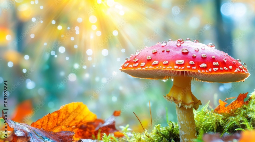 Poster Vibrant Red Mushroom with Dew Drops in a Colorful Autumn Forest Surrounded by Leaves and Soft Light Creating a Dreamy Magical Atmosphere