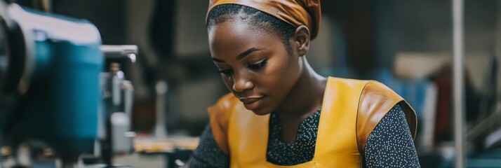 Focused Woman Working on a Sewing Machine in a Leather Workshop