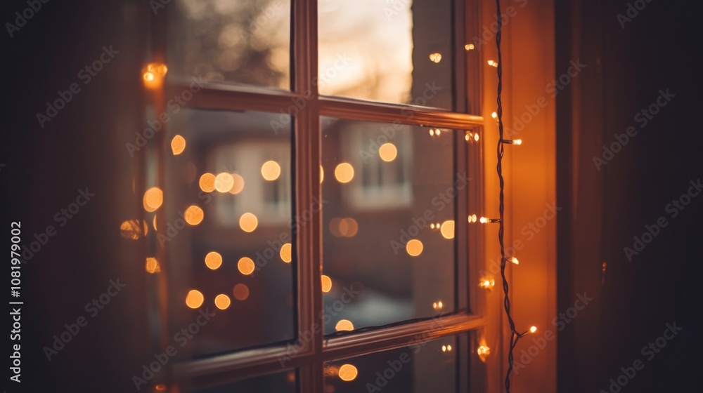 Poster cozy window view with warm fairy lights and soft bokeh effect, capturing the tranquility of an eveni