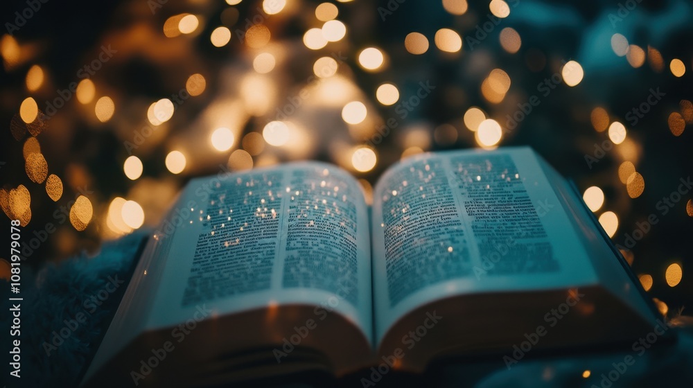 Poster open book with text illuminated by sparkling lights against a blurred background, creating a cozy an