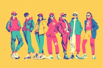Fototapeta premium Vibrant minimalist fashion illustration of trendy youth streetwear
