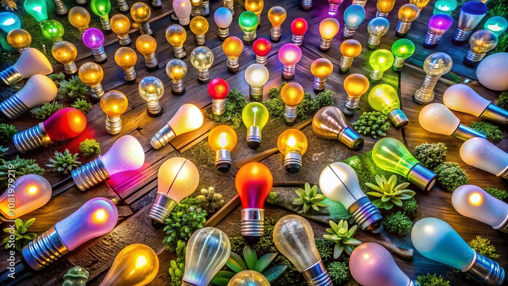 Poster aerial view of colorful led light bulb arrangement creating a vibrant display in a modern setting, s
