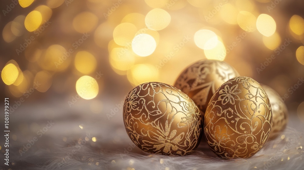 Aufkleber elegant golden eggs with intricate patterns on a soft background of shimmering lights and soft textu