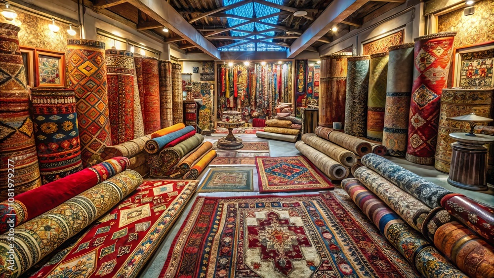 Aufkleber aerial view of colorful rolled up oriental rugs in a fabric store, showcasing various patterns and t