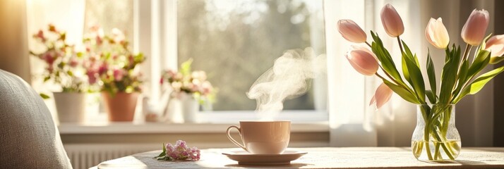 Morning Coffee with Tulips: A Cozy Home Setting