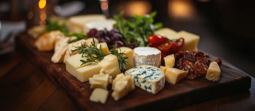 A close-up shot of a wooden board with a variety of cheeses, grapes, and sun-dried tomatoes.