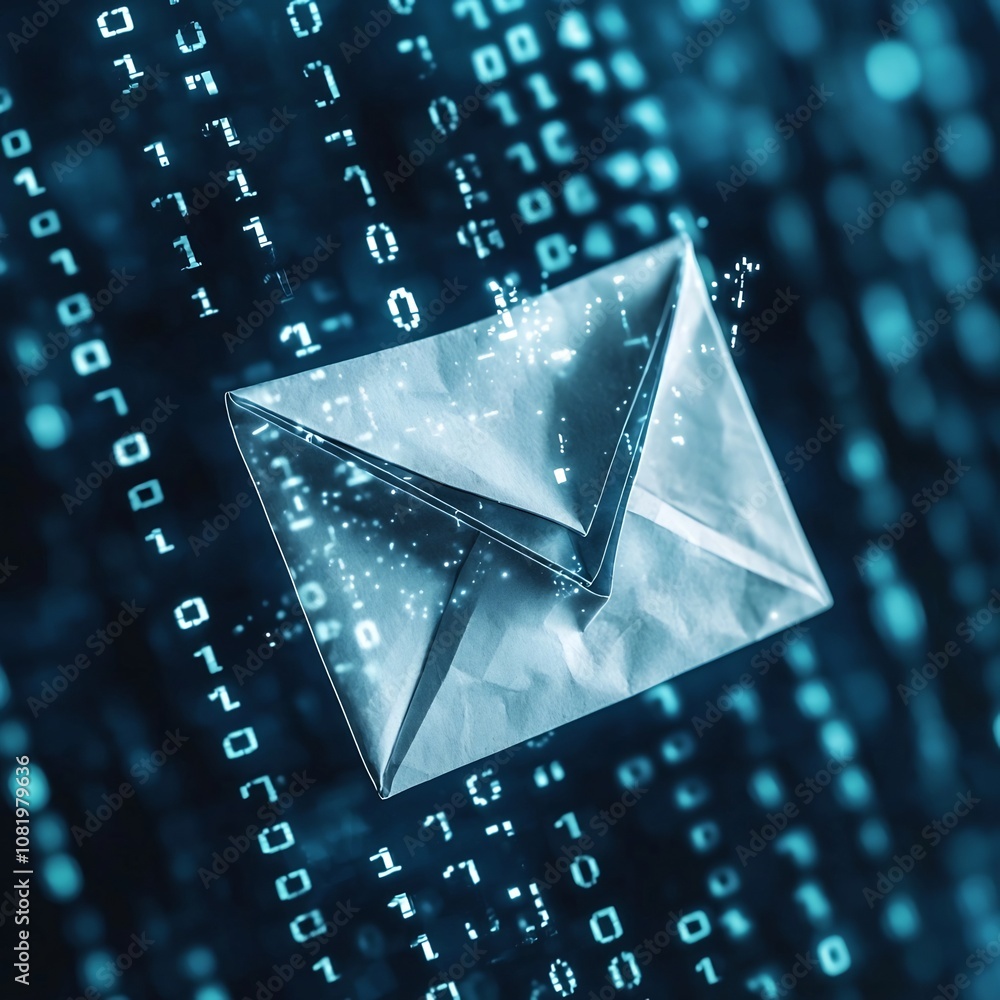 Aufkleber origami email icon floating on binary code stream symbolizing technology and tradition