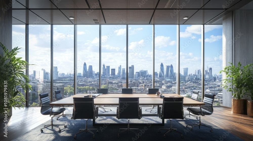 Poster modern boardroom with a large window view of a cityscape