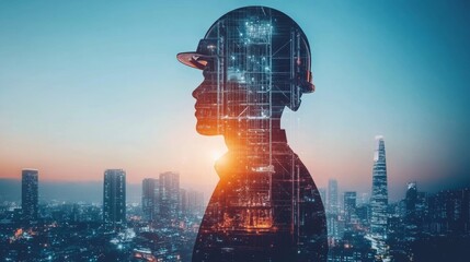 future building construction engineering project concept with double exposure graphic design Building engineer, architect people or construction worker working with modern civil equipment technology