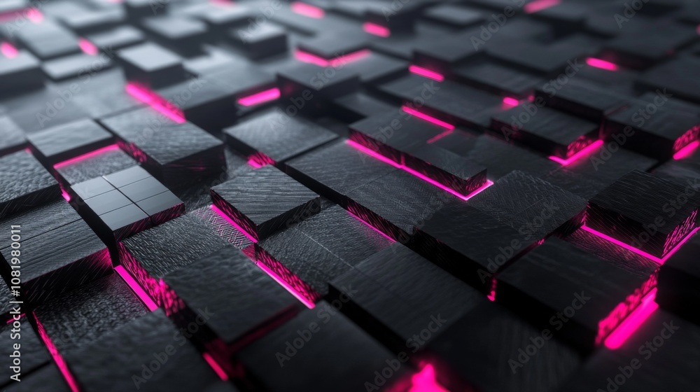 Poster Abstract dark textured background with glowing pink lines and squares, creating a modern, high-tech, digital landscape suitable for technology, design, or art projects.