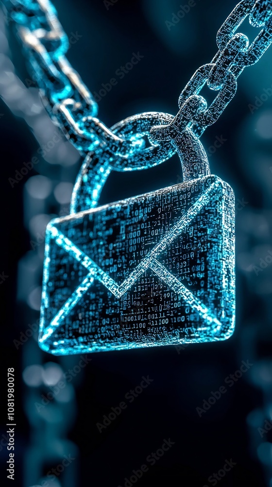 Poster encrypted email icon secured by digital chain and lock symbolizing modern communication security