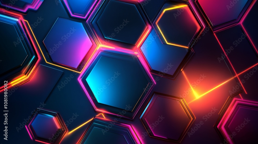 Fototapete abstract futuristic hexagonal patterns with vibrant neon colors on dark background for modern design