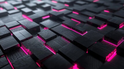 Fototapeta premium Abstract dark textured background with glowing pink lines and squares, creating a modern, high-tech, digital landscape suitable for technology, design, or art projects.