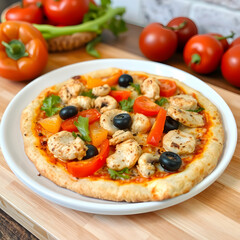 Mix pizza chicken tomato bell pepper olives mushroom side view