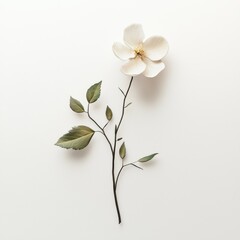 Fototapeta premium Elegant White Flower with Green Leaves on Plain Background