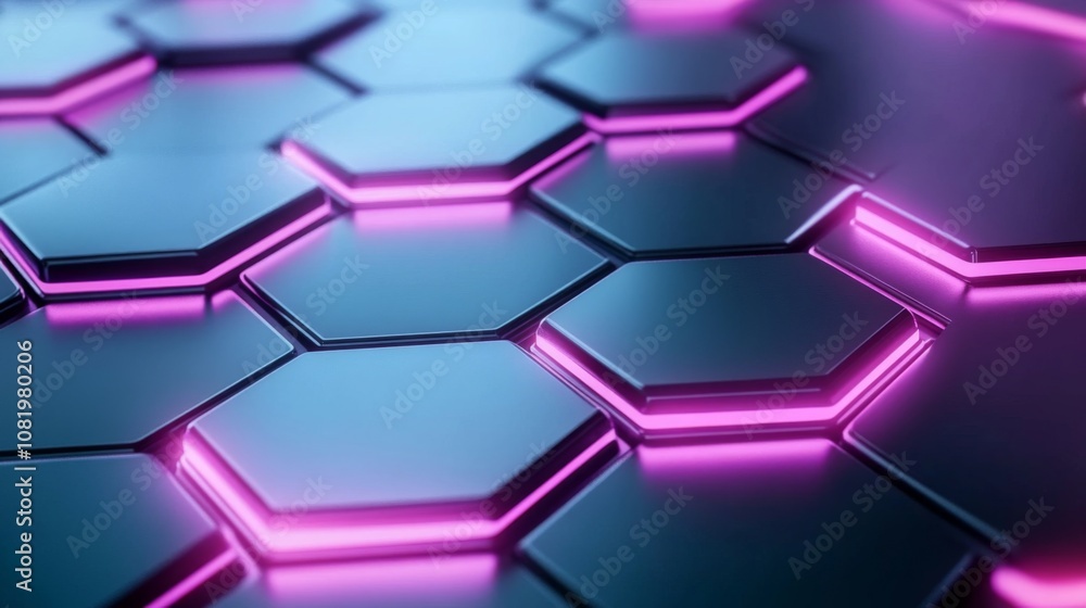 Poster abstract close-up of glowing hexagonal tiles with neon purple illumination on a sleek reflective sur