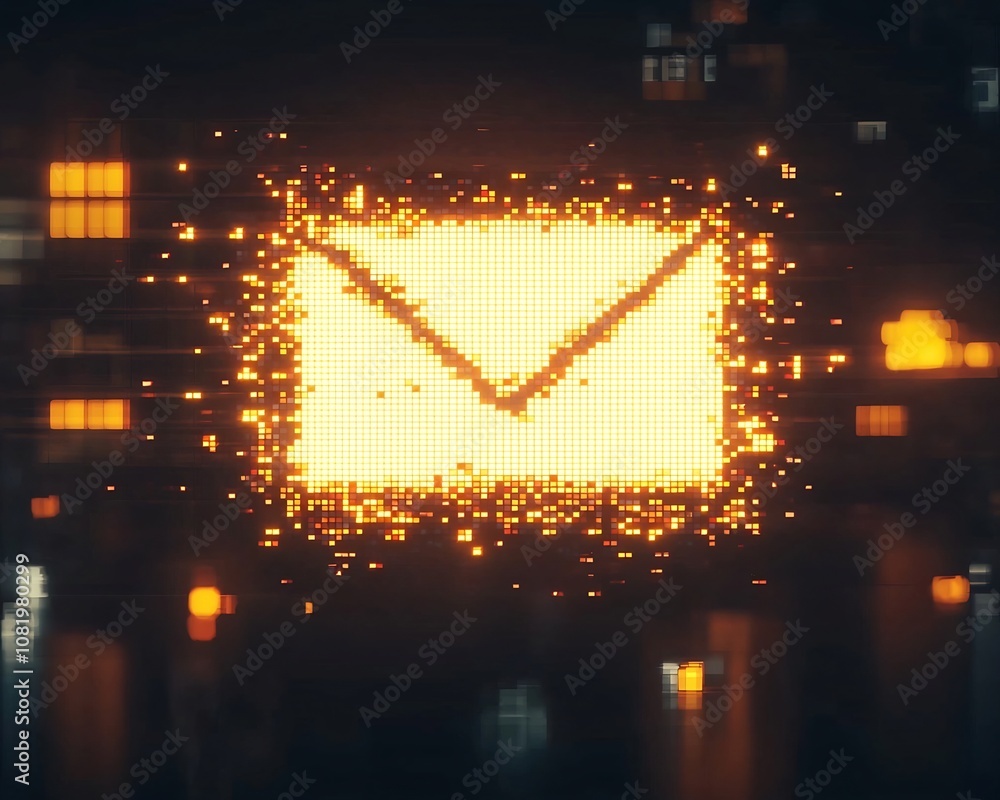 Poster glowing pixelated email icon symbolizing digital message composition