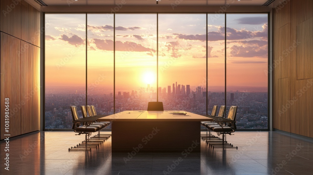 Poster modern boardroom with a large window view of a cityscape