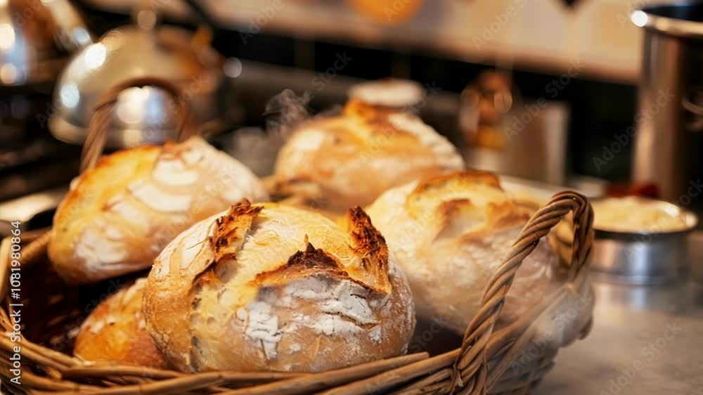 Poster several loaves of bread are cooling in a wicker basket on a countertop, with a stove in the backgrou