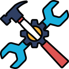 A hammer and wrench are shown in a cross shape
