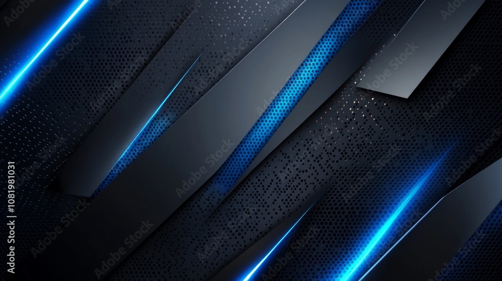 Aufkleber Abstract dark background featuring sharp geometric shapes with glowing blue neon lights creating a futuristic and modern design aesthetic
