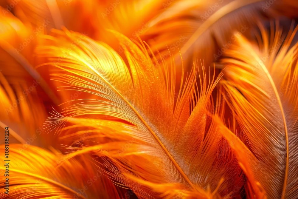 Poster captivating close-up of unique orange feathers with inner glow, showcasing texture and luminescence 
