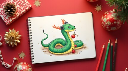 A sketchbook with a drawing of a green snake with New Year's decorations, next to it on a crimson table are colored pencils and New Year's decorations.