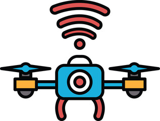 A blue and red drone with a camera on top