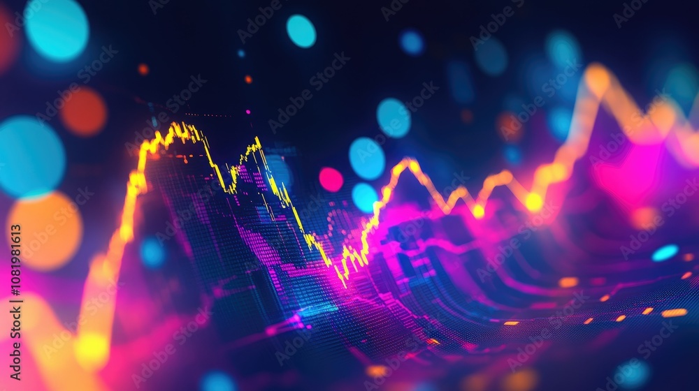 Poster abstract depiction of financial graphs and charts in neon colors