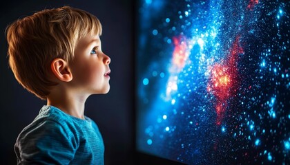 Curious Little Boy Watching Space Galaxy on TV in Dark, Education and Imagination Concept. 4K
