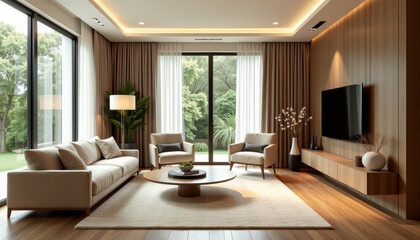Fototapeta premium A Stunning Modern Living Room Design with Natural Elements and Elegant Decor